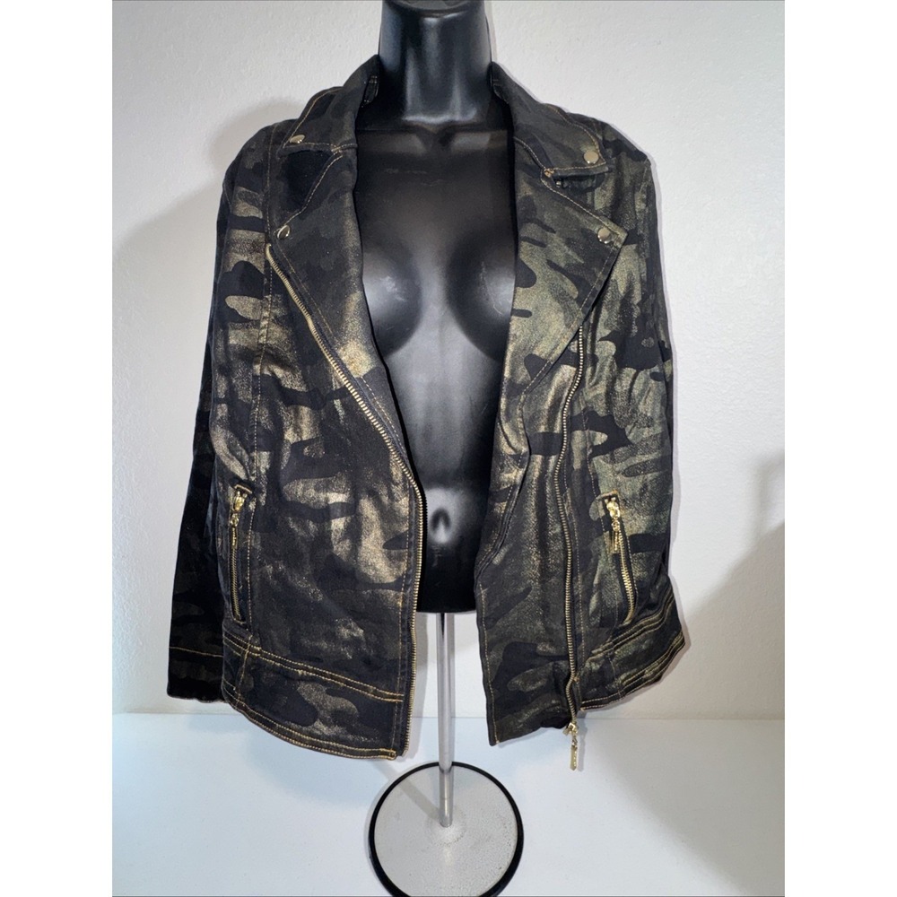 Peter Nygard Camo Metallic Moto Jacket  Size Large Camouflage Gold Asymmetrical